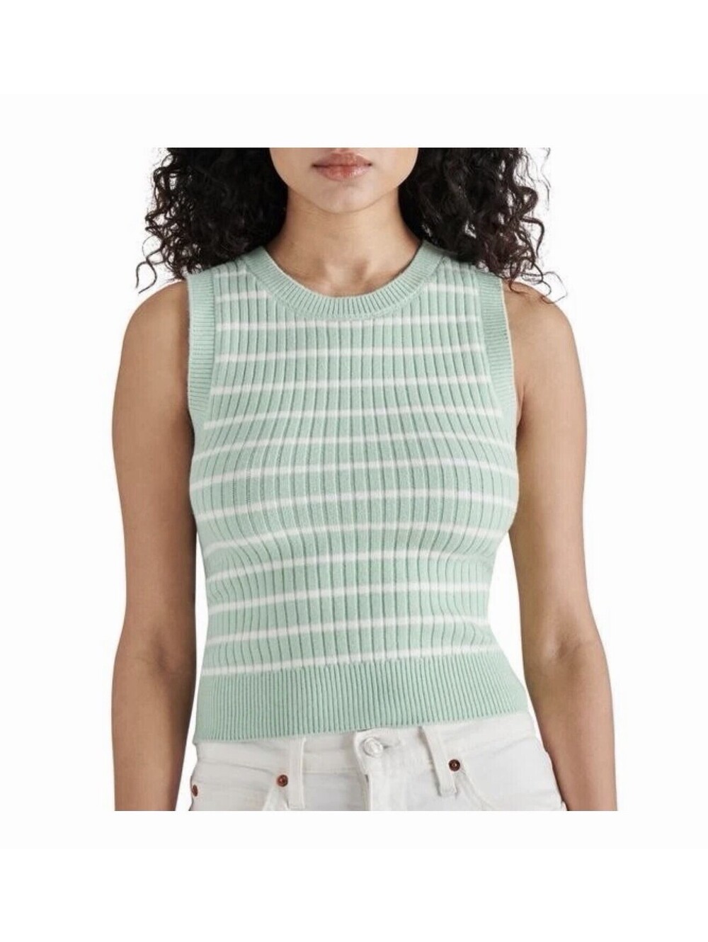 Steve Madden Sweater Tan Ribbed Cropped XS Green Stripe Knit Top Y2K Coastal NWT